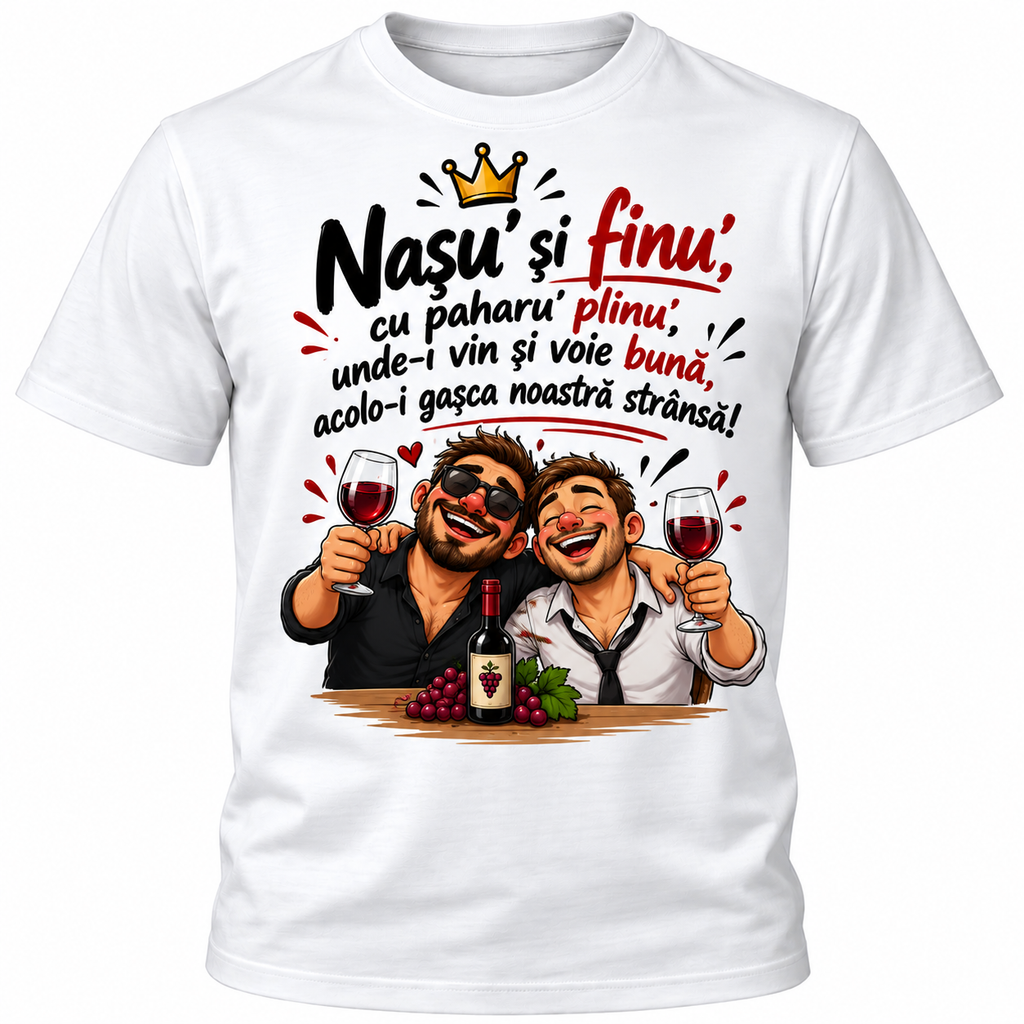 Tricou Negru „Nașu’ și Finu’ – Cu Paharul de Vin” | UnicatArt