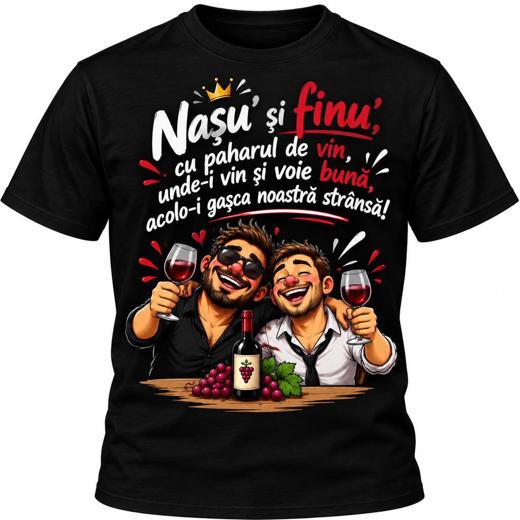 Tricou Negru „Nașu’ și Finu’ – Cu Paharul de Vin” | UnicatArt