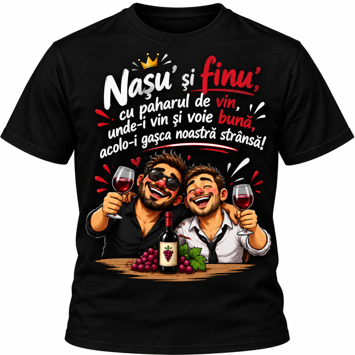 Tricou Negru „Nașu’ și Finu’ – Cu Paharul de Vin” | UnicatArt