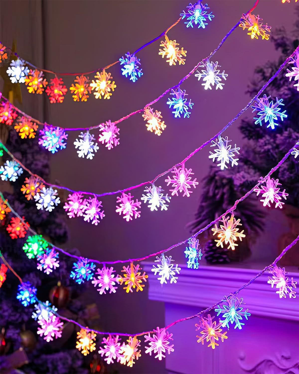 Christmas Lights Multicolor LED Multi Colored Snowflake String Lights Battery Operated Colorful Fairy Light for Bedroom Party Home-4